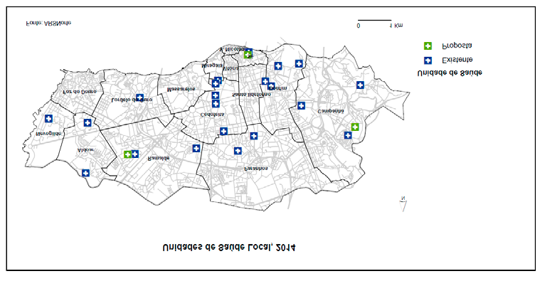 0.8 Mobilidade e acessibilidade aos Cuidados de Saúde Primários na Cidade do Porto No sentido de se avaliar a actual localização dos centros de saúde e os potenciais locais de futuras unidades, em