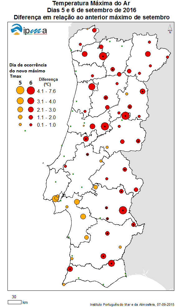 Figura 6 Extremos da temperatura máxima do ar nos dias 5 e 6 de setembro de 2016.