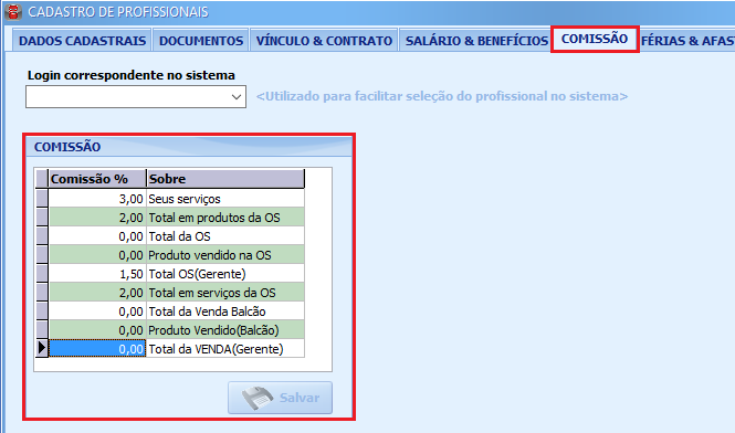 4) Cadastro de Comissões Para calcular as comissões do profissional sobre as VENDAS e ORDENS DE SERVIÇOS, será defina os percentuais no cadastro do profissional.