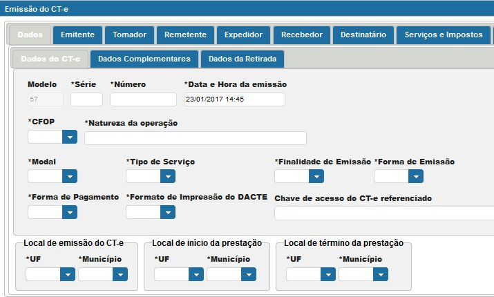 Preencha os campos obrigatórios: Na aba DADOS Série. Número: Se o cliente nunca emitiu CTe o sistema informará automaticamente.