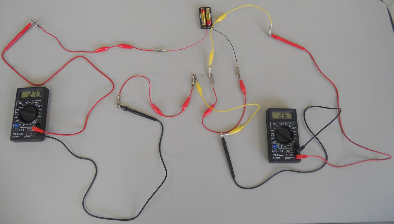 148 Figura 4 Circuito simples pilha + resistor, com amperímetro e voltímetro Fonte: Foto do autor 4) Caso o aluno se confunda durante a colocação dos aparelhos no circuito, sugere-se que os aparelhos