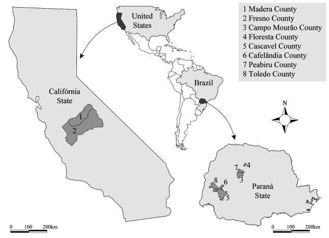 Amostras de Conyza sumatrensis (SF) obtidas de vários locais (Campo Mourão, Floresta, Cascavel, Cafelândia, Peabiru e Toledo) no Estado do