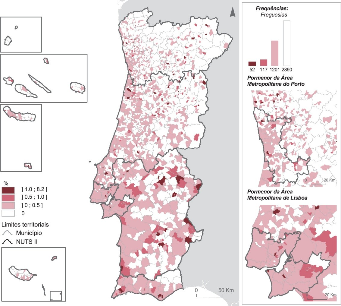 Em 99 dos 308 municípios portugueses, a proporção de alojamentos familiares não clássicos ficava, em 2011, acima da média nacional (0,11%).