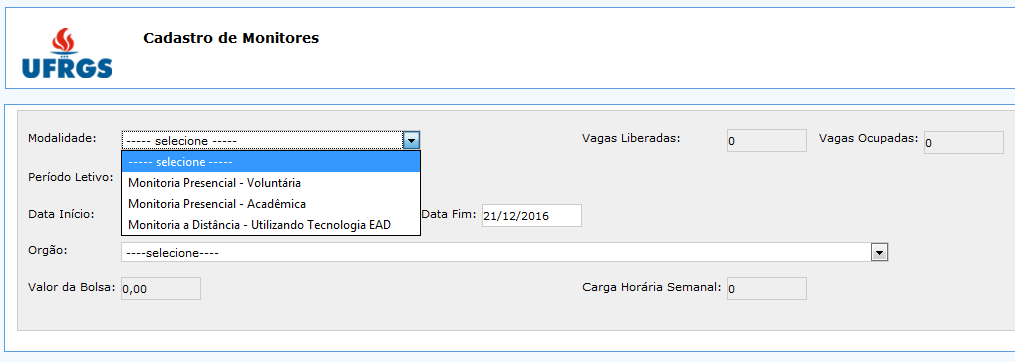 9. CADASTRO DE MONITORES O cadastro dos estudantes junto ao Programa de Monitorias Acadêmicas é de responsabilidade dos respectivos Departamentos/COMGRADs, de acordo com as vagas concedidas pela