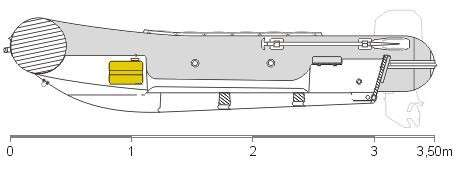 Vista em corte Flutuadores Flutuadores construídos com tecido francês tipo ORCA de poliéster (1100 Decitex) emborrachado em uma das faces com duas camadas de Hypalon e na outra face com duas camadas
