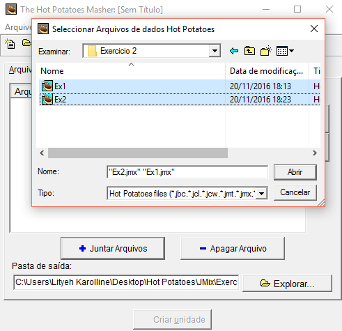 Na pasta vão aparecer dois arquivos: o arquivo com o exercício executável (html) e o projeto desenvolvido no HotPotatoes.