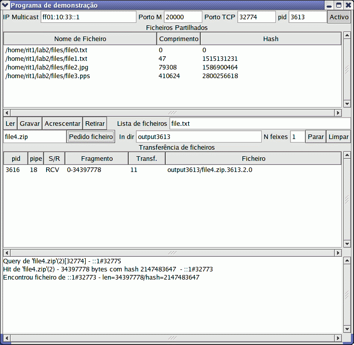 3. Desenvolvimento da aplicação Configuração do grupo Botão de arranque Dados da aplicação Lista de ficheiros partilhados Gestão da lista de ficheiros partilhados Pedido de ficheiro Parar