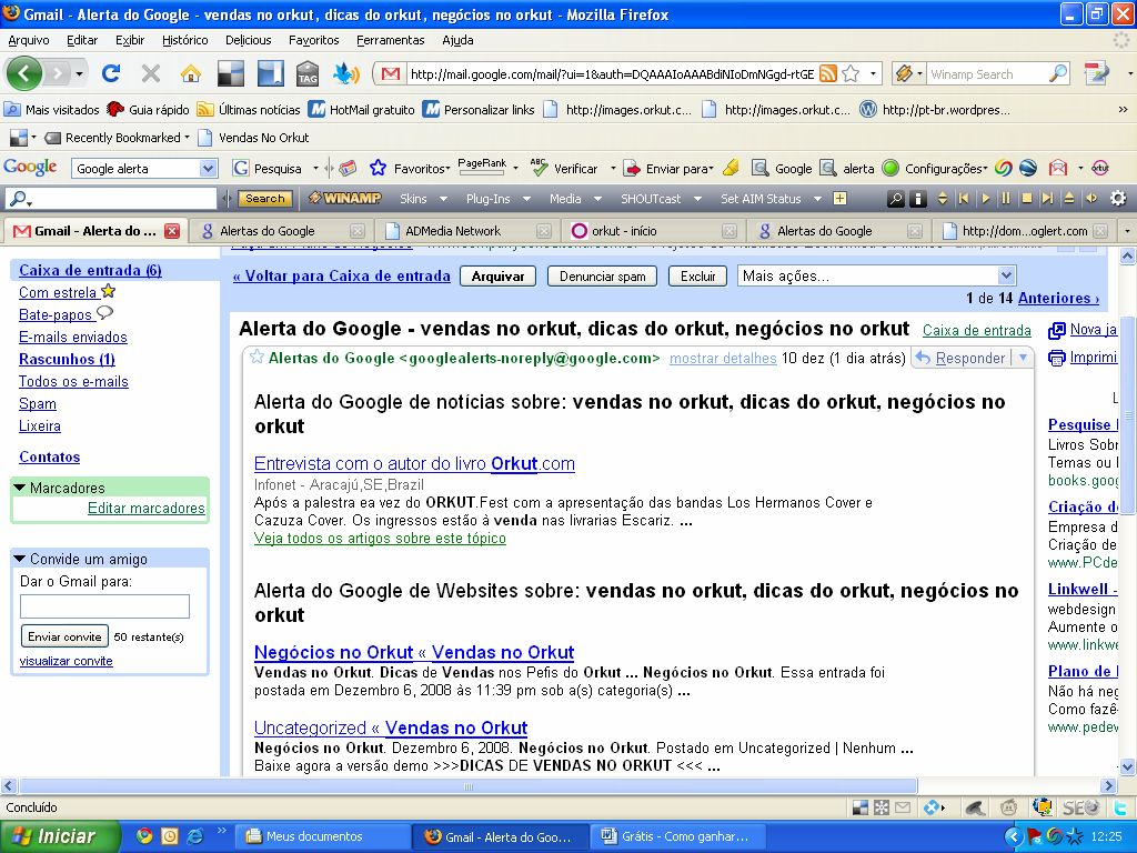 Veja o meu Google Alert no meu Gmail: Dessa forma eu sou informado instantaneamente sobre tudo que ocorre na Internet sobre os termos Vendas no Orkut, Negócios no Orkut, Dicas no Orkut, Oportunidades