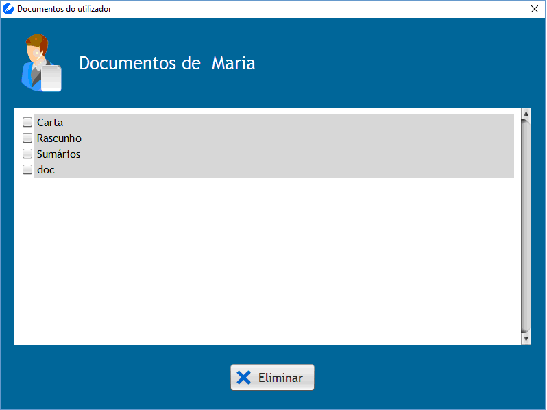 Imagem 7. Gestão do Utilizador. Documentos. Para eliminar os documentos, basta seleccionar na lista os que se pretende apagar e premir o botão Eliminar. 2.1.