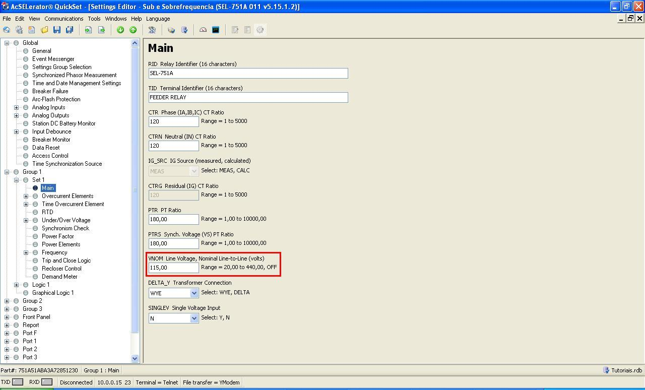 3.2 Main INSTRUMENTOS PARA TESTES ELÉTRICOS Clique nos sinais de + ao lado de Group 1 e Set 1 e escolha a opção Main Nessa janela ajusta-se os valores das relações de transformação tanto dos TCs como