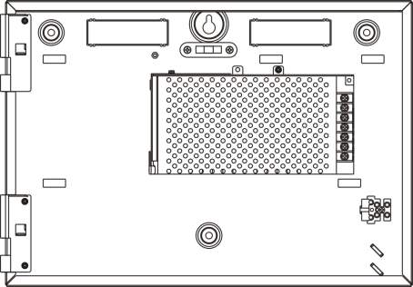 Capítulo 2: Instalação Figura 5: Esquema da caixa pequena e da PCB (Placa de circuito impresso) (painel de controlo de dois loops) 1. Conectores de loop e de sistemas de incêndio 2. Nível de bolha 3.