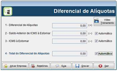 Lançamentos Notas Fiscais Diferencial de Alíquotas Menu Movimentos/ Notas Fiscais Entradas e Saídas / Botão Entradas Lançamentos Notas Fiscais Diferecial de Aliquotas