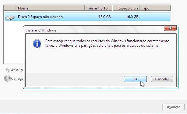 39 A mensagem que aparece na janela abaixo indica que o Windows criará uma partição de sistema, como é