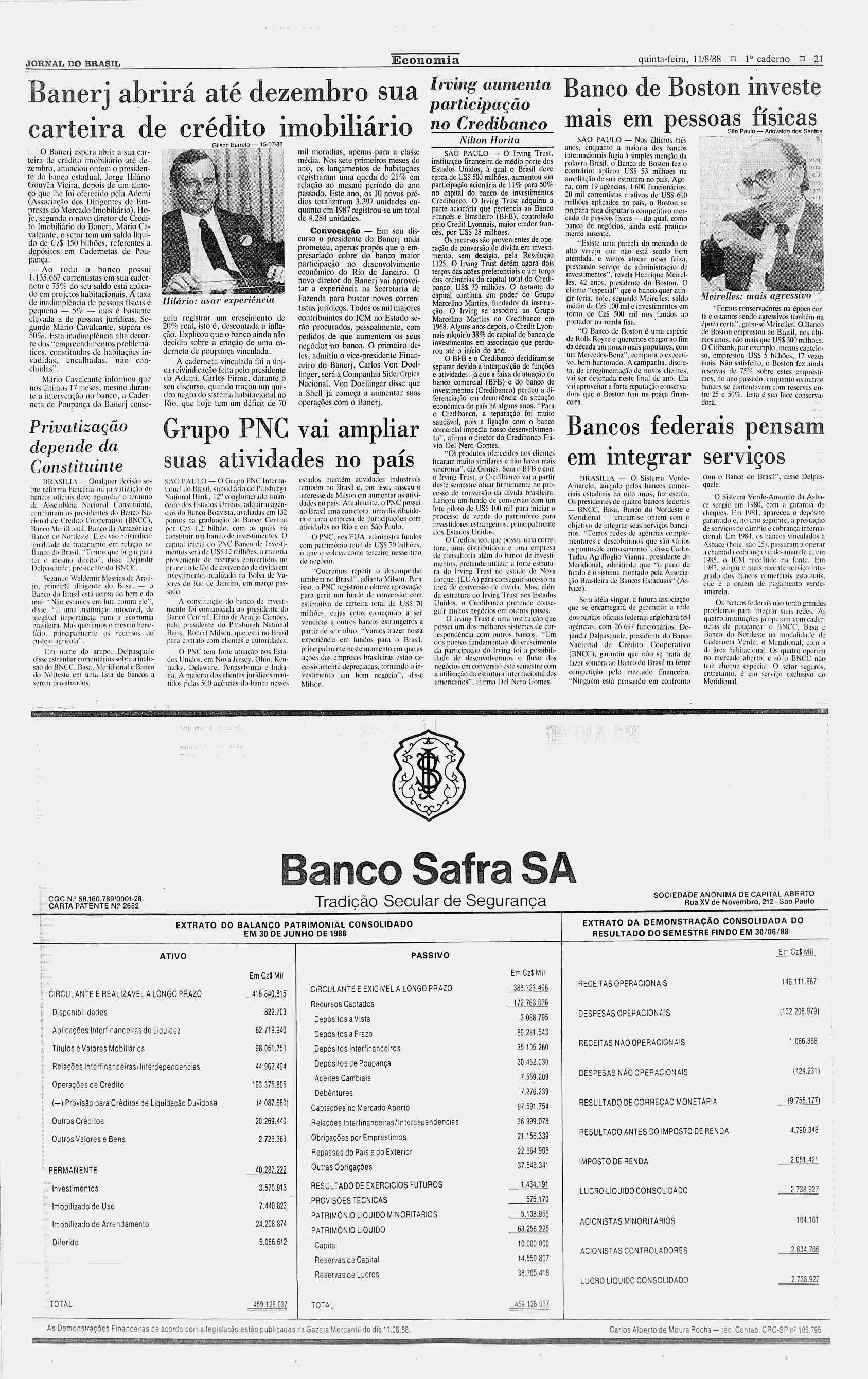 JORNAL DO BRASL Economia quinta-feira, 11/8/88? 1 caderno?