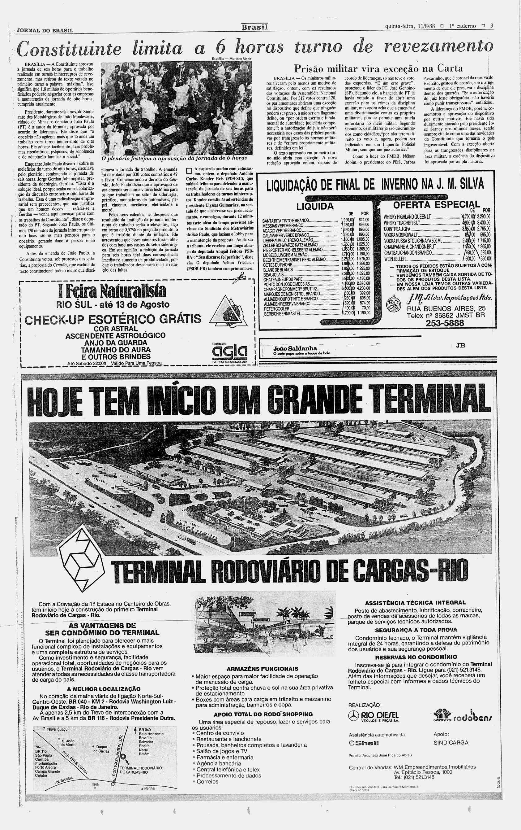 JORNAL DO BRASL Brasil quinta-feira, 11/8/88? 1 caderno?