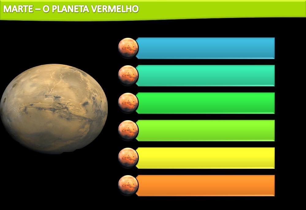 Rotação: 24h 37min Translação: 687 dias Diâmetro: 6794 Km Temperaturas: