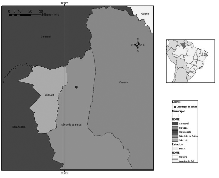 Fenologia da andiroba (Carapa guianensis, Aubl., Meliaceae) no sul do Estado... 49 FIGURA 1: Localização da área de estudo no estado de Roraima. FIGURE 1: Study area location in Roraima state.