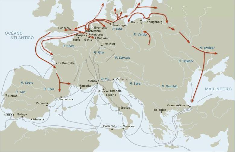 Os Centros do Comércio Internacional No século XIII as rotas terrestres, fluviais e marítimas colocavam em contacto