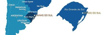 Figura 1 - Localização de Caxias do Sul no estado do Rio Grande do Sul e este no Brasil 4 Os primeiros agricultores italianos chegaram a Caxias do Sul em 1876, naquela época chamada Campo dos Bugres.