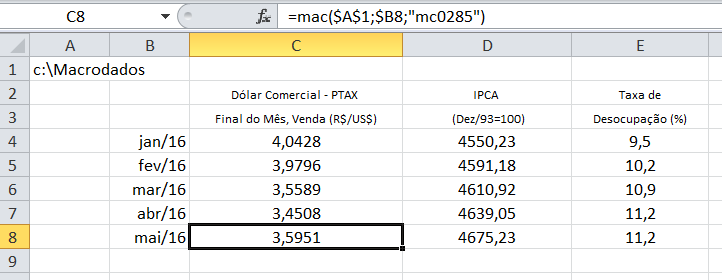 A formula =mac($a$1; $B8; mc0285 ) utiliza 3 parâmetros: 1) o local c:\macrodados onde está o banco de dados neste computador, indicado aqui