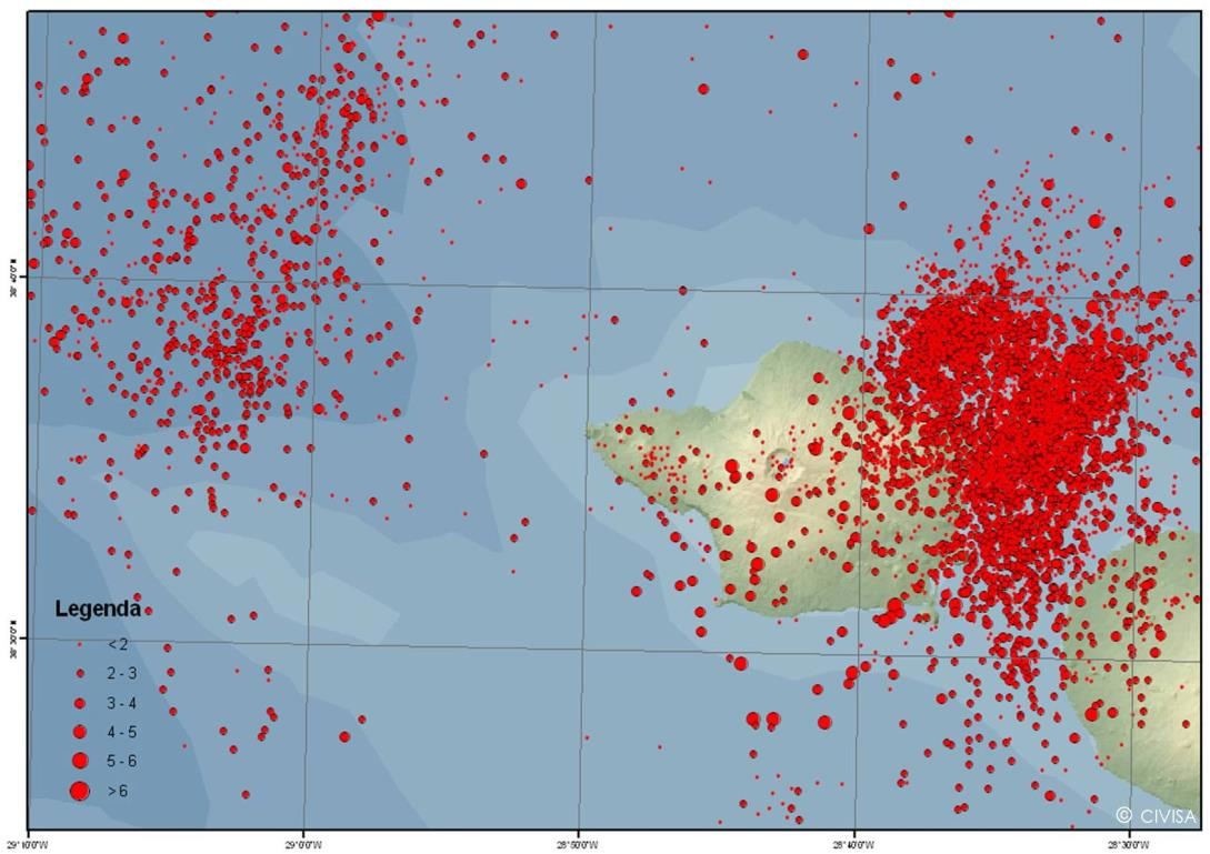 As zonas sismogénicas mais ativas na região do Faial situam-se a oeste da ilha, no canal Faial-Pico e a NE da Ribeirinha.