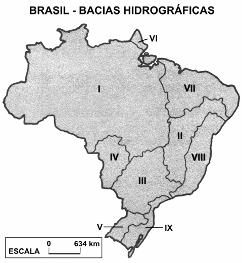 08 O mapa a seguir apresenta as principais bacias hidrográficas brasileiras, individualizadas por algarismos romanos.