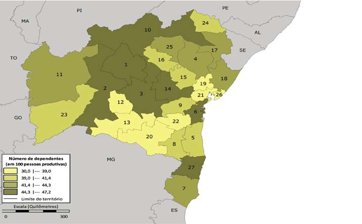 Mapa 9 Razão de dependência das crianças de 0 a 14 anos de idade (1) Bahia 2010 Fonte: IBGE.