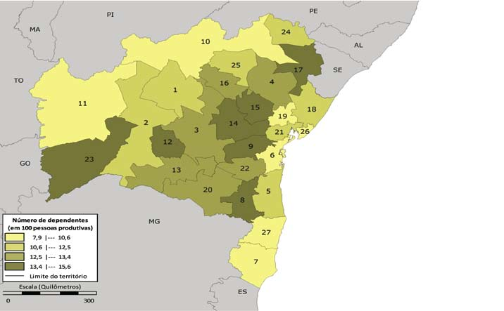 Mapa 10 Razão de dependência das pessoas de 65 anos ou mais de idade (1) Bahia 2010 Fonte: IBGE.