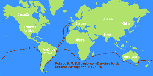 Em 1831 Charles Darwin iniciou uma viagem de ± 5 anos, a bordo do navio HMS Beagle em direção à América do Sul, indo depois p/ Nova