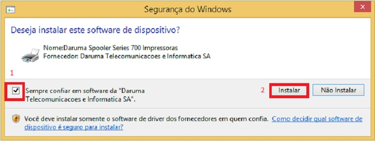 Obs: Caso apareça uma tela de controle de usuário, perguntado se você permite que o driver que você está instalando faça alterações no computador, clique em Sim : A tela a seguir apresentara os cer