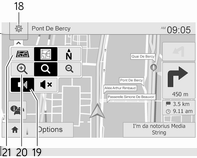 Navegação 95 16. Ö: Informações de trânsito (TMC - Canal de mensagens de trânsito) 17. Limite de velocidade 1. ä/å: Rodar o mapa para a esquerda/direita 2. â/ã: Ponto de vista (vista baixa/ alta) 3.