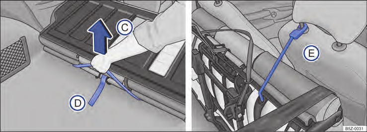 Fig. 75 Banco traseiro: alça para destravamento do conjunto do assoalho C ; cinta elástica vermelha para fixação na haste do apoio para cabeça E. 172.5B1.FOX.
