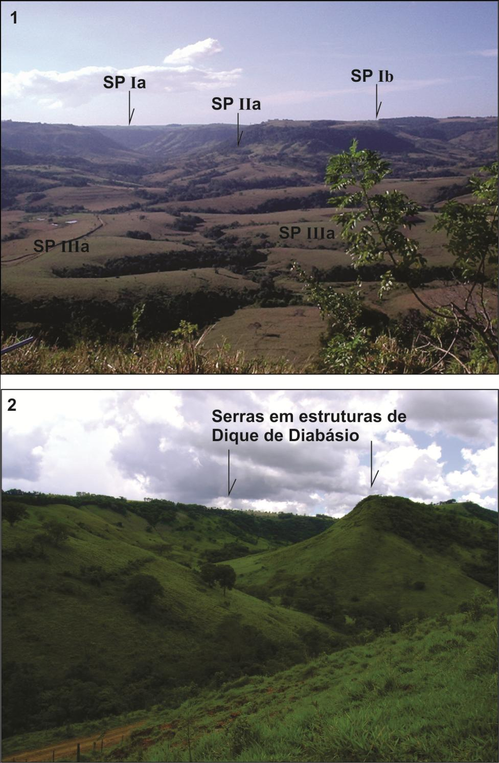 FIGURA 11: Foto 1 - vista parcial dos Sistemas de Paisagem I a,b no topo, II a e IIIa; Foto 2 - vales encaixados entre diques de diabásio da Formação Serra Geral, no Sistema de Paisagem III c.