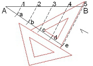 Divisão de Retas Dividir um segmento de reta em 5 partes iguais. Em um dos extremos (A), traçamos uma reta não paralela a AB.