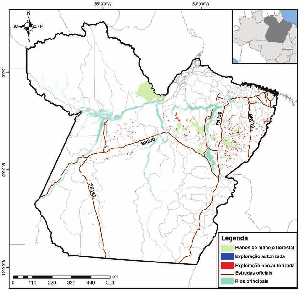 2007 a 2008 Estado do Pará Geografia da exploração de madeira no Pará Para identificar a exploração madeireira não autorizada (predatória) e a autorizada (manejo florestal) no Estado do Pará entre