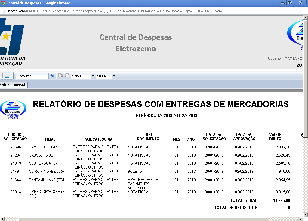 exibida uma nova janela contendo o relatório a