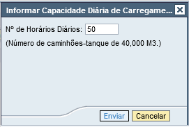 IV. Painel de Lances Ao clicar o botão, será aberta uma janela, conforme o modelo abaixo: Caso o usuário clique no botão Enviar sem o preenchimento da capacidade diária ou com um valor inválido, será