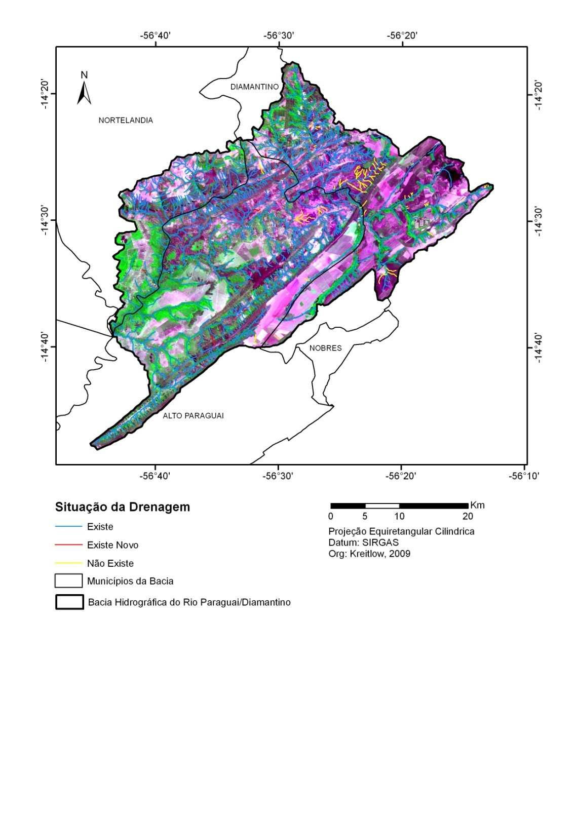 assoreamento dos cursos fluviais, provocados pelo transporte de sedimentos gerados do processo de garimpagem. Figura 3. Carta-imagem com a drenagem atualizada bacia do Paraguai/Diamantino- MT.