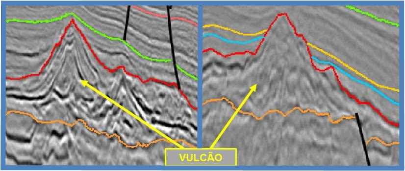 33 O topo das rochas vulcano-sedimentares, quase em sua totalidade, corresponde a um refletor preto muito acentuado, devido à alta densidade das rochas extrusivas.