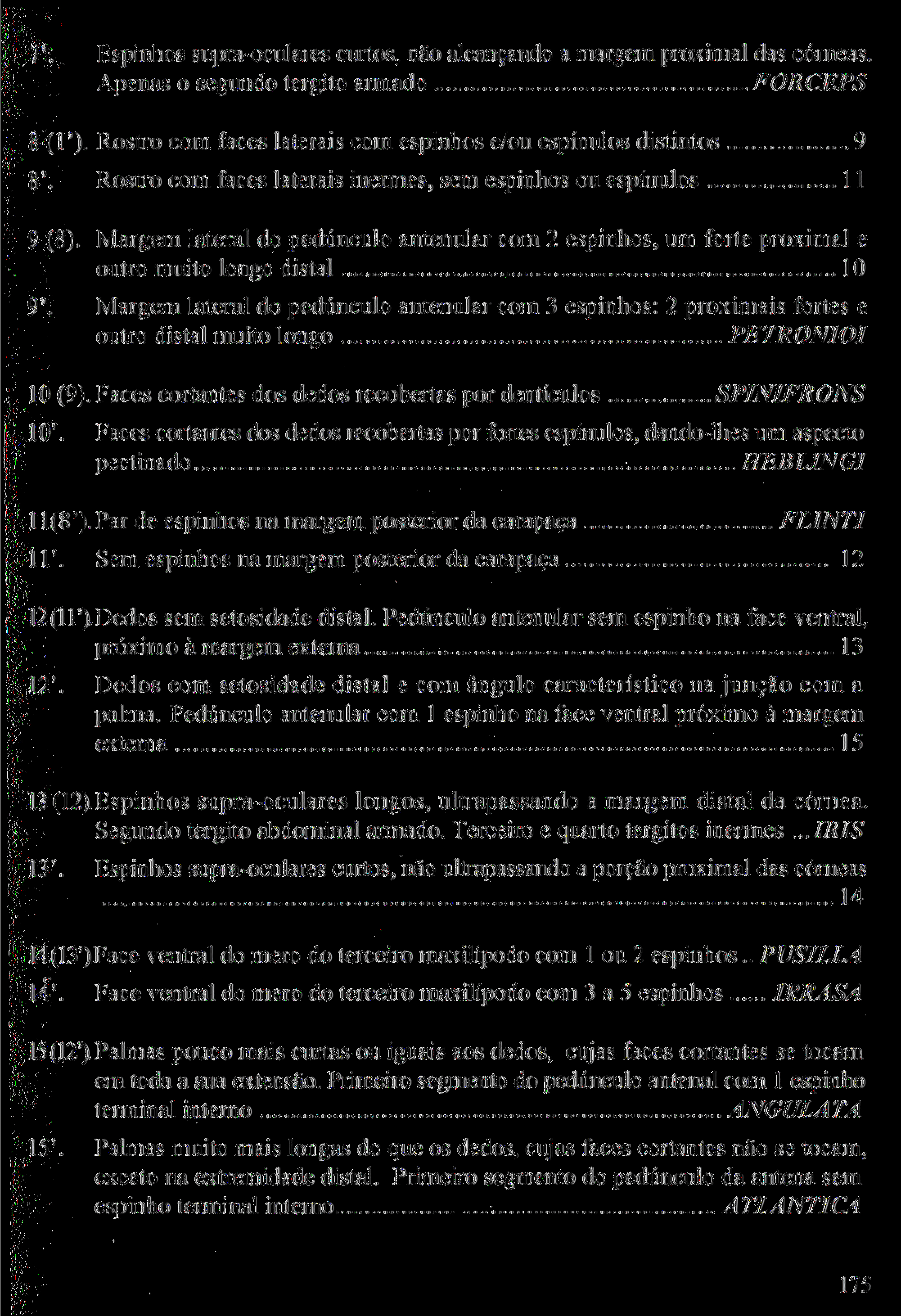 T'. Espinhos supra-oculares curtos, não alcançando a margem proximal das córneas. Apenas o segundo tergito armado FORCEPS 8 (1'). Rostro com faces laterais com espinhos e/ou espínulos distintos 8'.