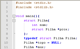 1 Estrutura de Dados II Pilha e Fila Pilha em C Definir o registro que representará cada elemento da pilha. No início a pilha estará vazia, logo o ponteiro topo tem o valor NULL.