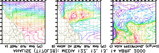 A figura 1 mostra a temperatura da superficie do mar, sua anomalia e a água precipitável observadas médias para o período de 12 a 14 de abril de 2000, 12 UTC.