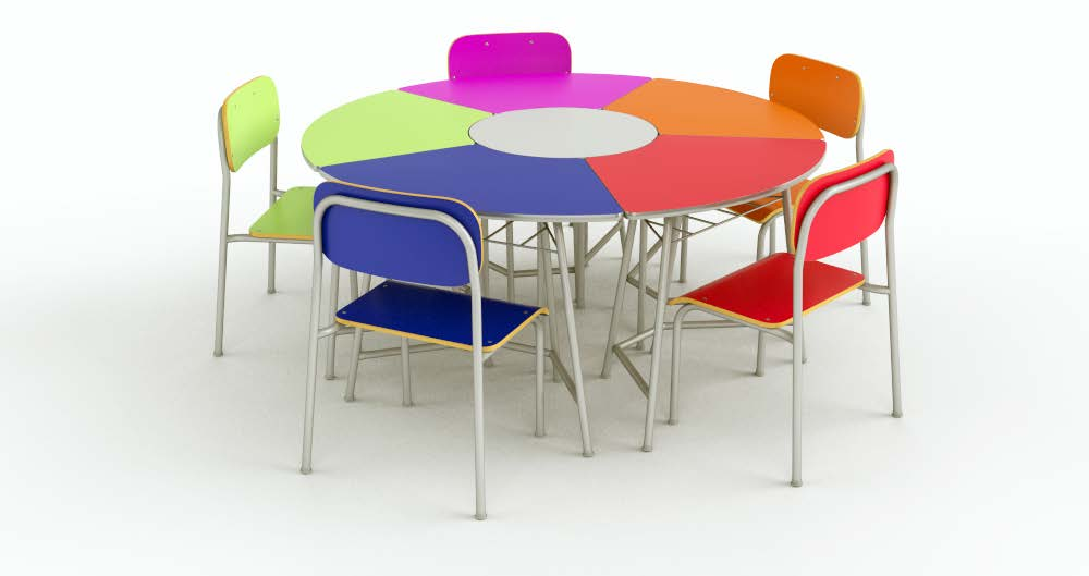 Assento, encosto e tampo Material: tampo das mesas em MDF 15mm formato trapezoidal onde se une perfeitamente a mesa do aluno à mesa central redonda, com acabamento das bordas em PVC prata.
