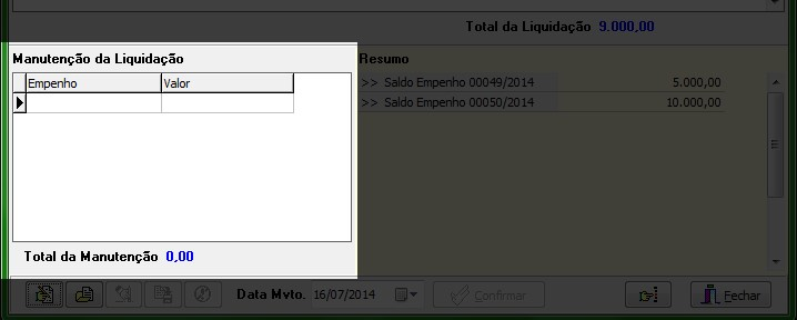 Figura 12 Janela Liquidações por BRM Manutenção da Liquidação A partir desse ponto podemos iniciar a manutenção/troca dos dados dos empenhos, para efetivar a liquidação como a Administração desejar.