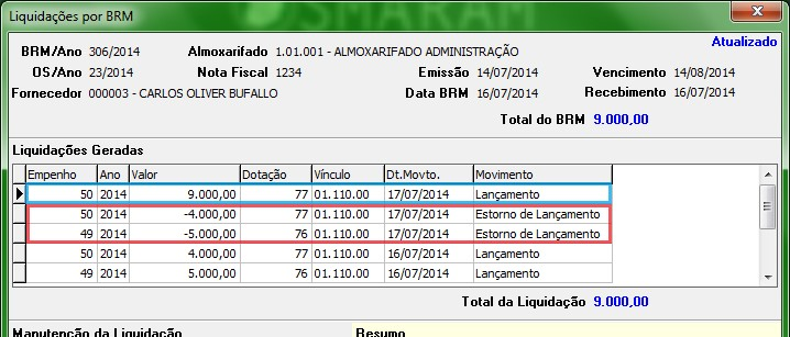 Figura 21 Histórico de troca de empenho para liquidação No sistema SMARCP, será alterada a visão anterior dos empenhos disponíveis para liquidação.