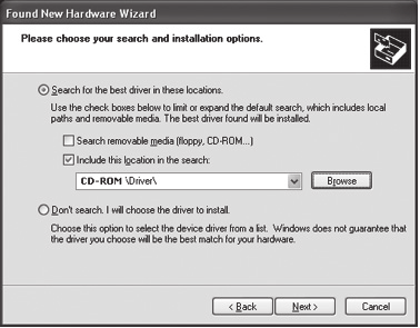 Clique em Browse (Procurar) e navegue para o CD-ROM da Sweex para localizar os controladores.