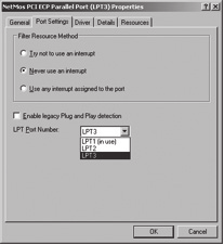 É apresentado o seguinte ecrã: Seleccione o separador Port settings (Definições da porta). Este separador permite visualizar ou alterar a porta LPT.