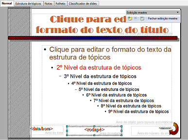 Aqui, foram feitas alterações nas caixas reservadas para a formatação do cabeçalho e do rodapé dos slides, e foram feitas pequenas alterações como a alteração do posicionamento da caixa, da cor e do