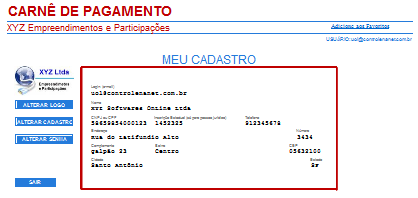 Meu Cadastro Nesta tela é possível alterar os dados cadastrais e o logotipo. Os dados cadastrais são utilizados para preencher o boleto de cobrança.