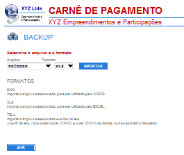 Backup Esta opção efetua o backup do arquivo selecionado nos formatos abaixo: DOC Importa o arquivo selecionado, para ser utilizado pelo WORD.